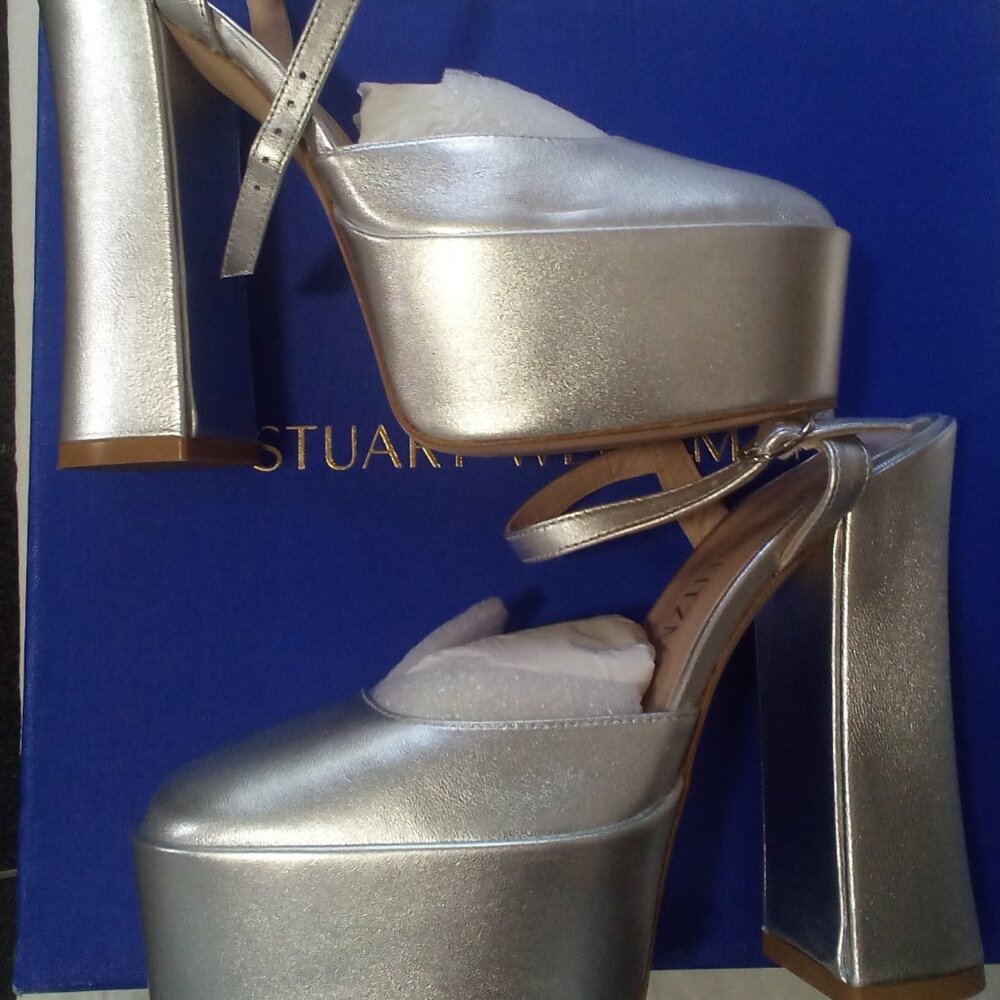 Stuart Weitzman Metallic Silver Platform Block Heel Sandals